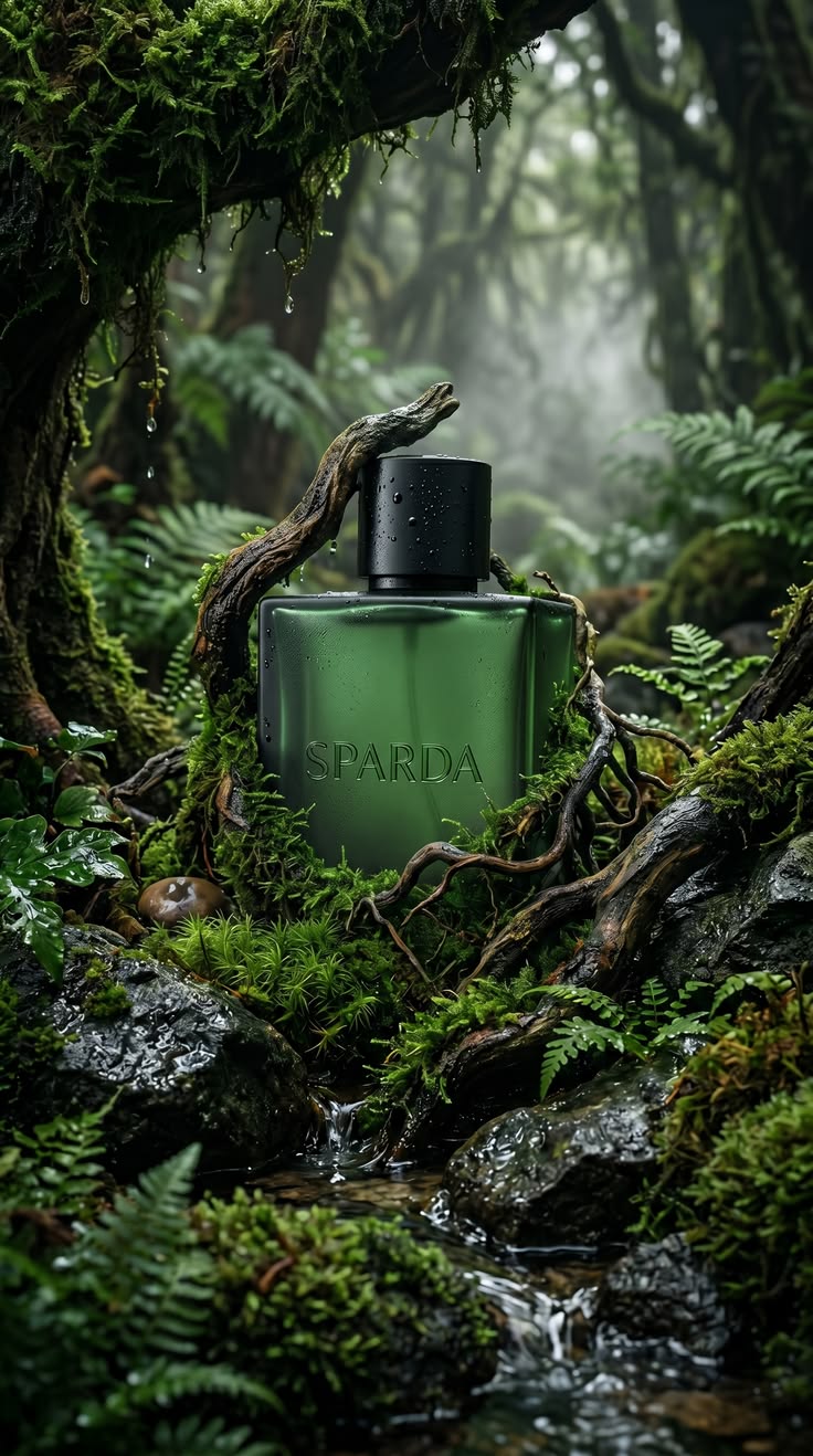 Dark green perfume bottle resting on mossy wood in a misty forest